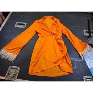 Sunday Up Orange Feather Trim Long Sleeve Wrap Mini Dress Small